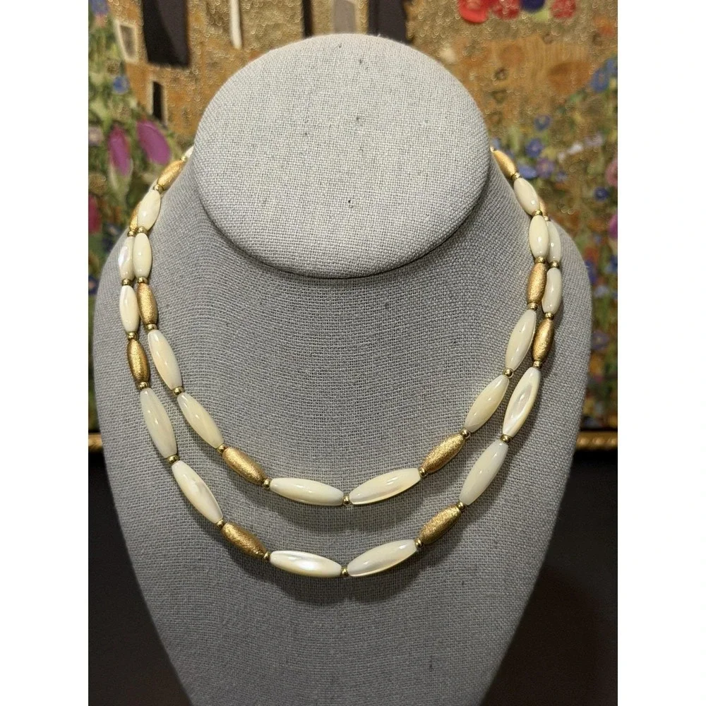 Vintage Napier‎ Double Strand Oblong Mother of Pearl Gold Tone Beded Necklace